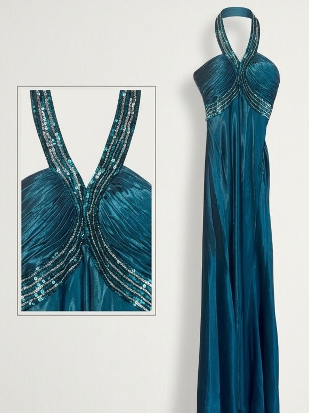 Y2K deadstock Cinderella Devine Teal Halter Evening Gown with Beaded Detail